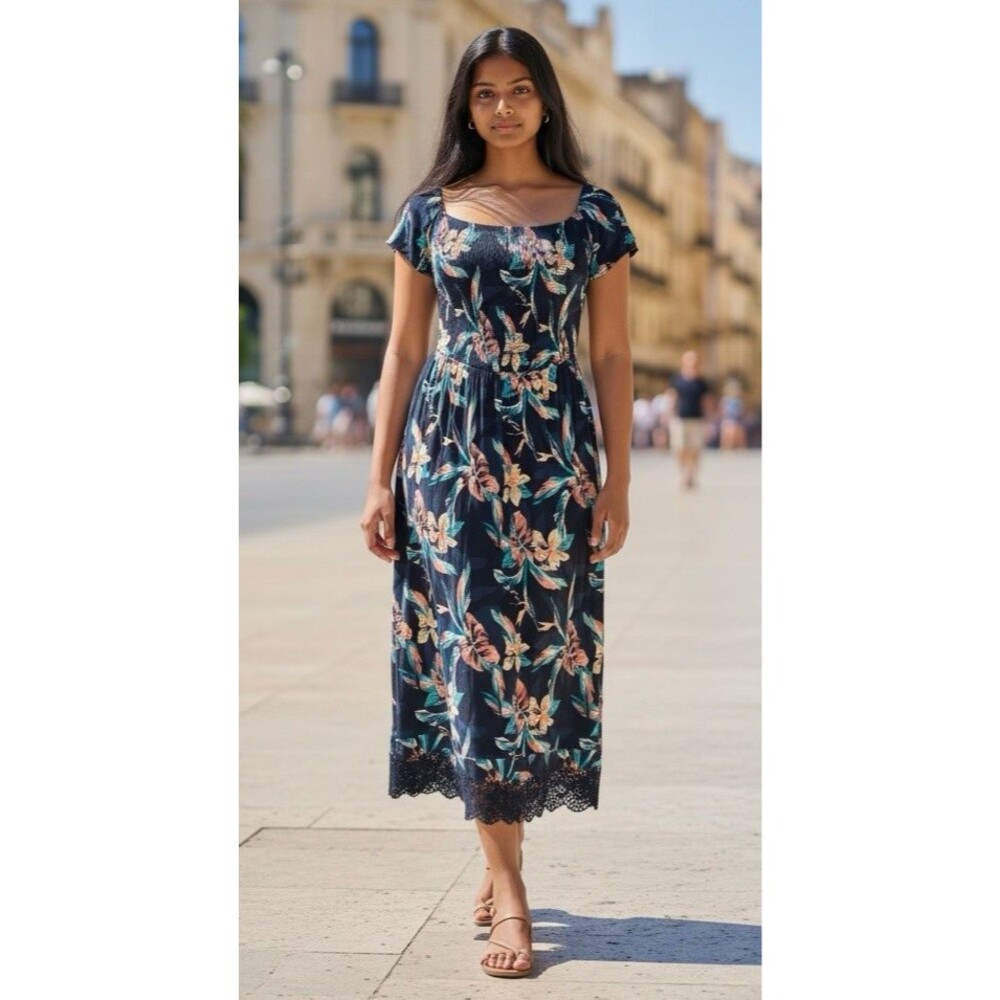 Roxy NWT womens midi/maxi smocked breezy floral summer Large beach vacation
